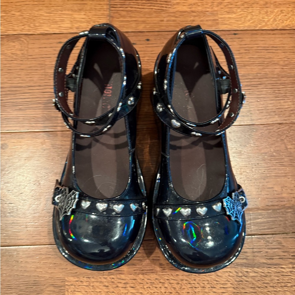 Black Platform Mary Janes Shoes with Spider Web Detail - Picture 8 of 10